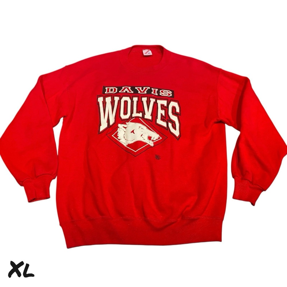 VTG 90s Jerzees Davis Wolves Sweatshirt XL Red USA Made Wolf Graphic Crewnecks